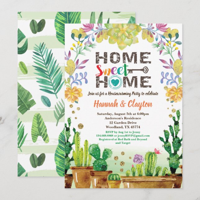 Sukulente Party Einladung zur Erwärmung des Hauses (Vorne/Hinten)