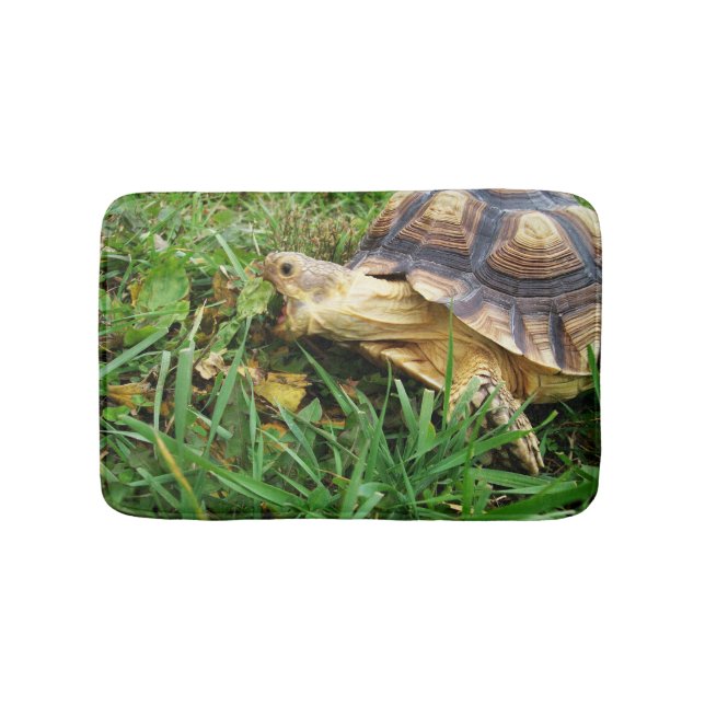 Sulcata Tortoise, die einen großen Biss von Löwenz Badematte (Vorderseite)