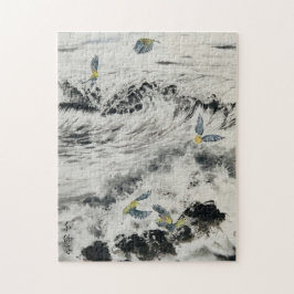 Sumi e Ocean Puzzle mit grünen Vögeln
