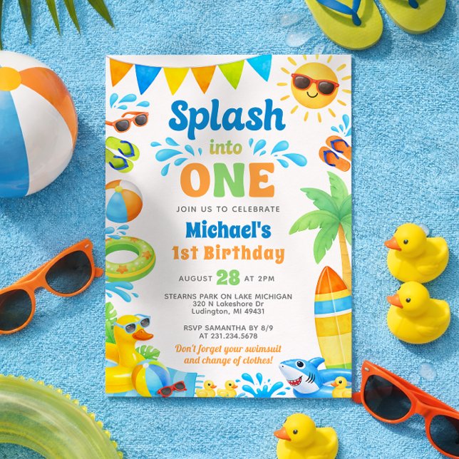 Summer 1st Birthday Invitation - Splash into One (Summer Beach Pool Party 1st Birthday Invitation)