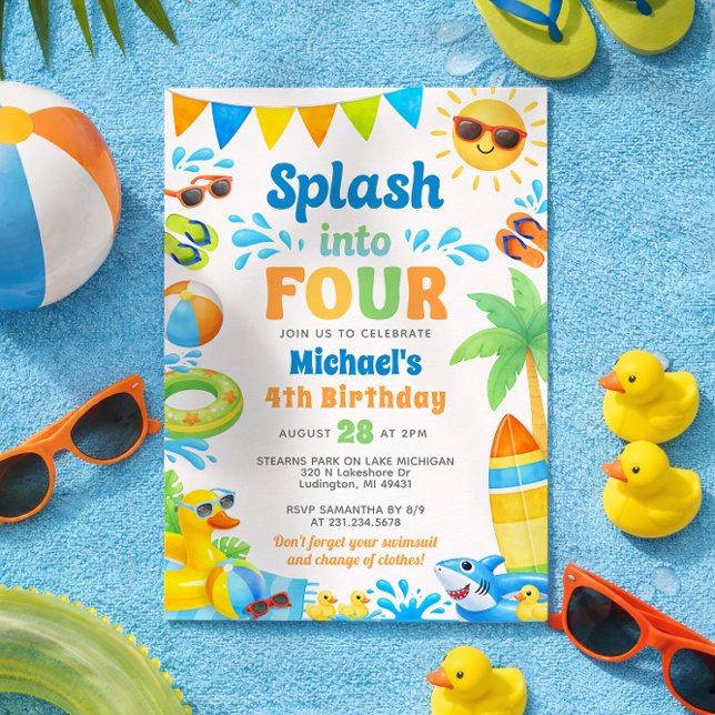 Summer 4th Birthday Invitation - Splash into Four Einladung (Boy 4th Birthday Invitation - Summer Beach Pool Party - Splash into Four)