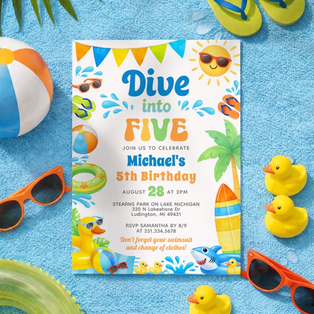 Summer 5th Birthday Invitation - Dive into Five Einladung (Boy 5th Birthday Invitation - Summer Beach Pool Party - Dive into Five)