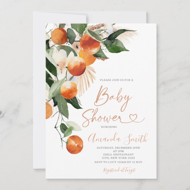 Summer Baby Dusche Citrus Orange Baby in Blüte Einladung (Vorderseite)