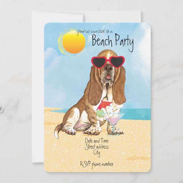 Summer Basset Hound Beach Party Einladung (Vorderseite)