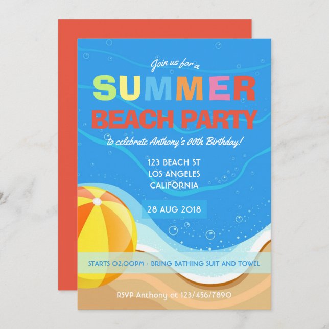 Summer Beach Anniversaire Fête Invitation (Devant / Derrière)