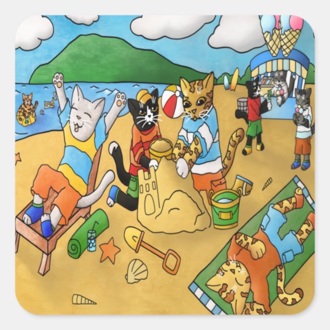 Summer Beach Cats Quadratischer Aufkleber (Vorderseite)