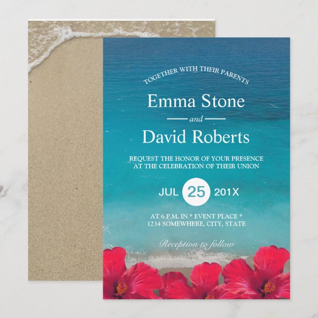 Summer Beach Elegante tropische Blume Hochzeit Einladung (Vorne/Hinten)