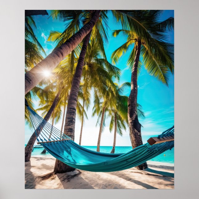 Summer Beach Hammock Ocean Vacation Palm Trees Poster (Vorne)
