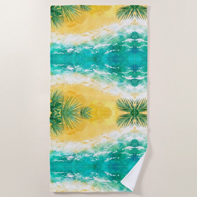 Summer Beach Handtuch (A vibrant beach towel featuring a tropical design with turquoise waves and golden sand.  )