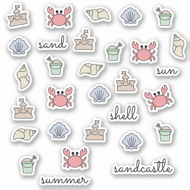Summer Beach Muschel Crab Sandcastle Worte Aufkleber (Vorderseite)