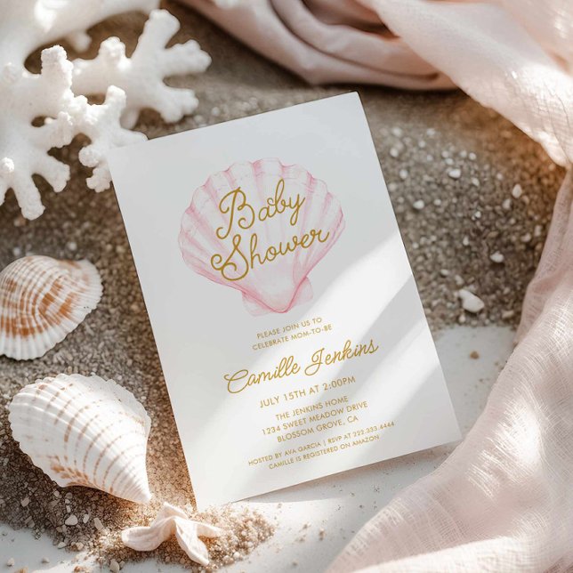 Summer Beach Muschel Girl Babydusche Einladung (Pink Girl Beach Baby Shower Invitation)