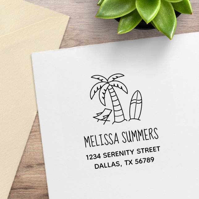 Summer Beach Palm Surfboard Adresse Gummistempel (Von Creator hochgeladen)