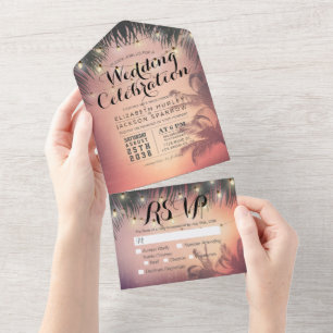 Summer Beach Palm Tree String Lights Wedding RSVP All In One Einladung