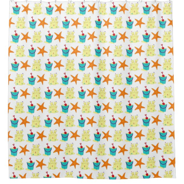 Summer Beach Party Sandcastle Starfish Pail Shovel Duschvorhang (Vorderseite)