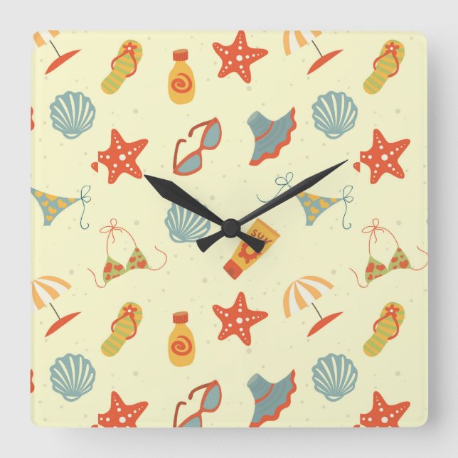 Summer Beach Pattern Quadratische Wanduhr (Vorderseite)