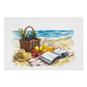 Summer Beach Picnic Watercolor Illustration - Vibr Poster