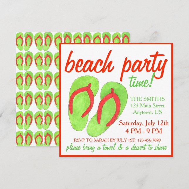 Summer Beach Pool Party Green Drehen Flop Sandals Einladung (Vorne/Hinten)