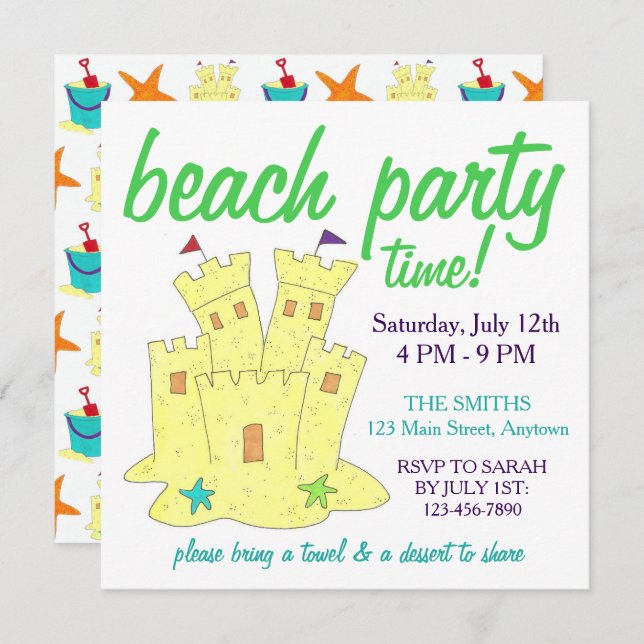 Summer Beach Pool Partys Sandcastle Starfish Einladung (Vorne/Hinten)
