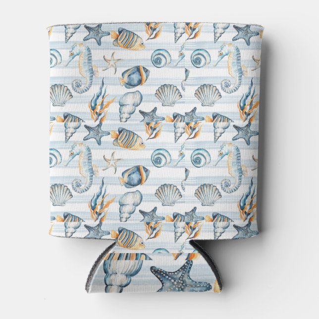 Summer Beach Seashell Watercolor Blue White Dosenkühler (Vorderseite)