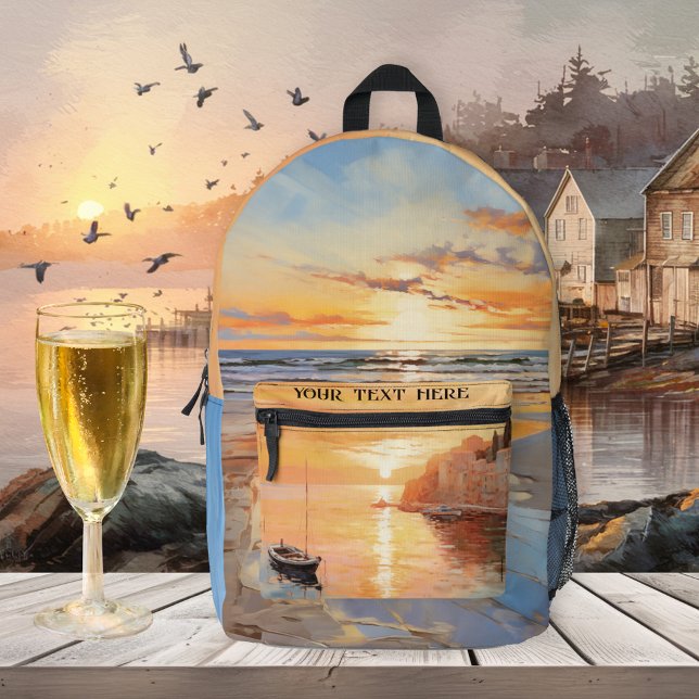 Summer Beach Sunset Nautic Bedruckter Rucksack (Sunny backpack featuring a painting of a sunset on the beach and on the pocket a coast with sailboat)