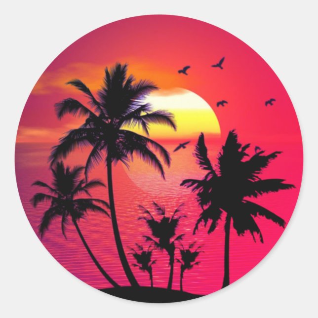 Summer Beach Sunset Palm Birds Abbildung Runder Aufkleber (Vorderseite)