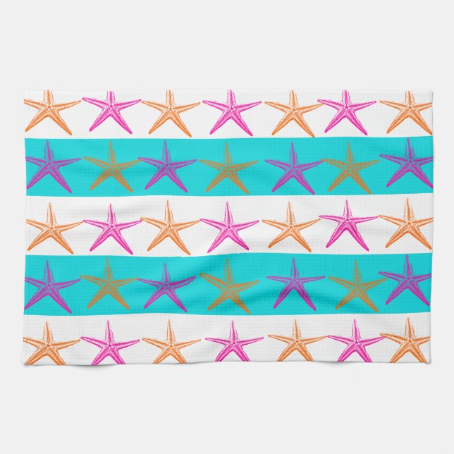 Summer Beach Thema Starfish auf Aquamarinen Streif Handtuch (Horizontal)