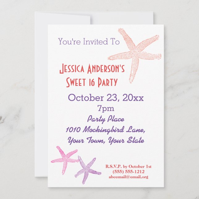 Summer Beach Tropical Starfish Sweet 16 Geburtstag Einladung (Vorderseite)