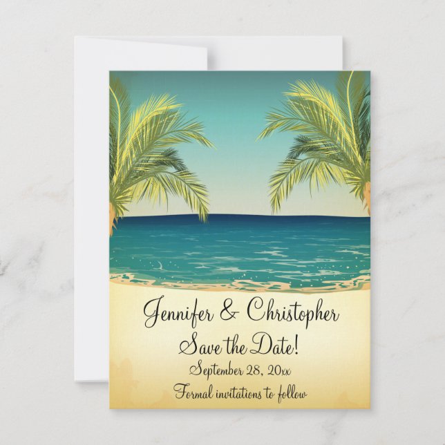 Summer Beach und Palmen Hochzeiten retten das Datu Save The Date (Vorderseite)