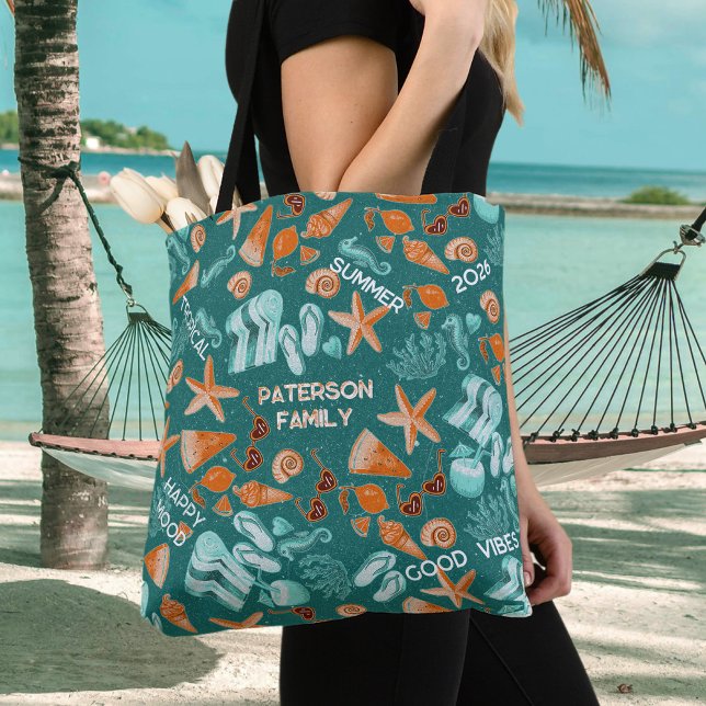 Summer Beach Vibes Family Trip Retro Teal Custom Tasche (Von Creator hochgeladen)
