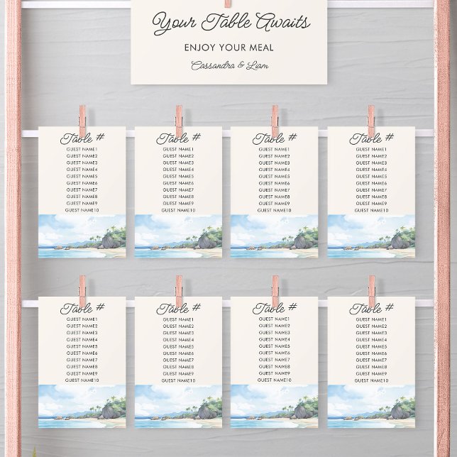 Summer Beach Watercolor Hochzeitstischkarte Einladung (Wedding Table Seating Chart Cards from the Summer Beach Wedding Collection by Darling & May)
