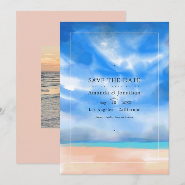Summer Beach Wedding Foto im Wasserfarbenbereich R Save The Date (Vorne/Hinten)