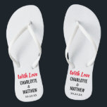 Summer Beach Wedding Moderne Typografie Flip Flops<br><div class="desc">Diese modernen Typografie Flip Flops sind ein Spaß danken Ihnen für alle Paare, die ihre Hochzeit im Sommer oder eine Hochzeit in Urlaubsort am Strand! Personalisieren Sie mit den Namen der Braut und des Bräutigams und dem Hochzeitstag. Sie können die Meldung Mit Liebe behalten oder Ihre eigene benutzerdefinierte Nachricht erstellen....</div>