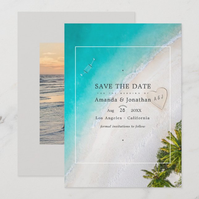 Summer Beach Wedding Monogram Foto Save The Date (Vorne/Hinten)