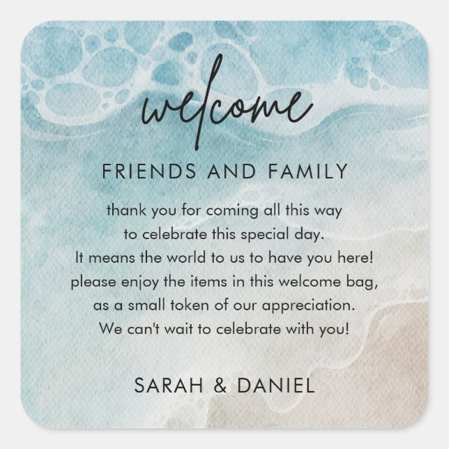 Summer Beach Wedding Willkommensgeschenk Beutel Quadratischer Aufkleber (Vorderseite)