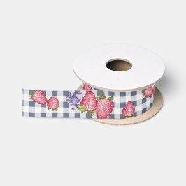 Summer Berries Gray Blue Gingham Satinband