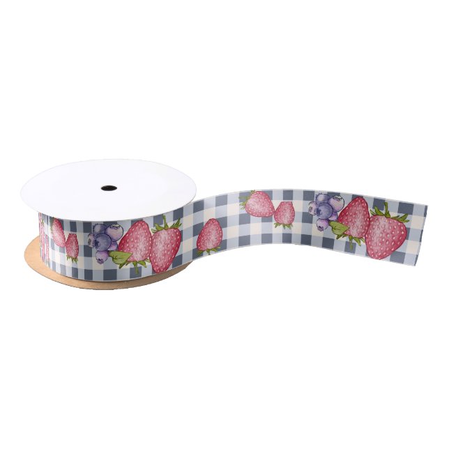 Summer Berries Gray Blue Gingham Satinband (Spule)
