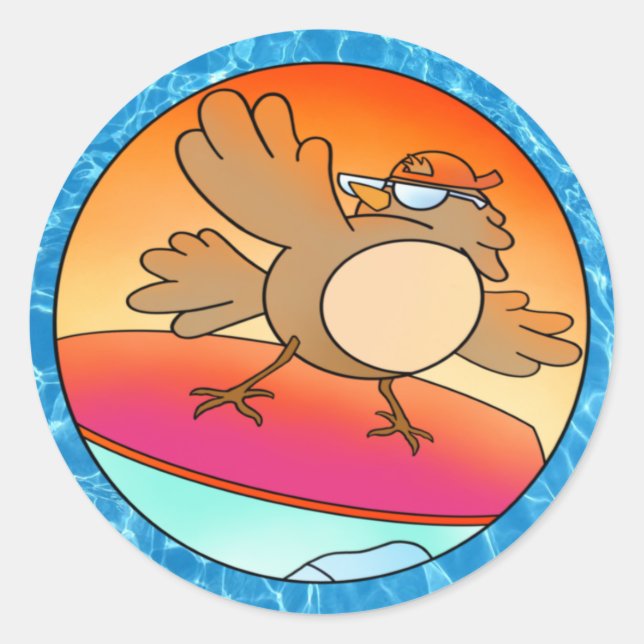 Summer Bird Surfer Runder Aufkleber (Vorderseite)