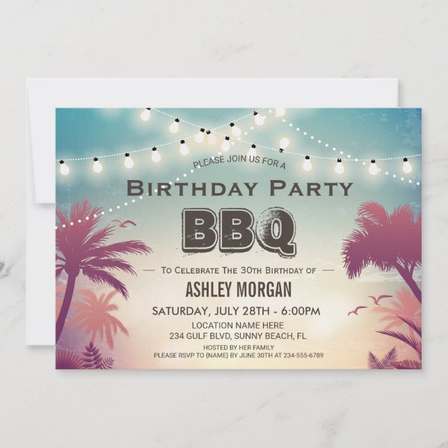 Summer Birthday GRILLEN Party Palm Tree String Lig Einladung (Vorderseite)