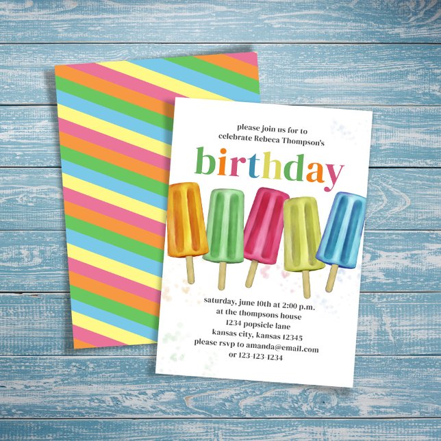 Summer Birthday Party Niedlich Popcles Einladung (Birthday cute colorful popsicle theme invitation. )