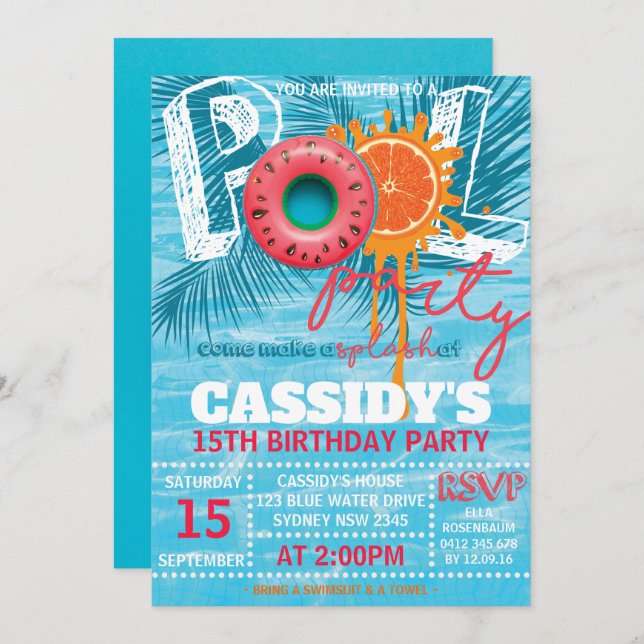 Summer Birthday Pool Party Einladung (Vorne/Hinten)