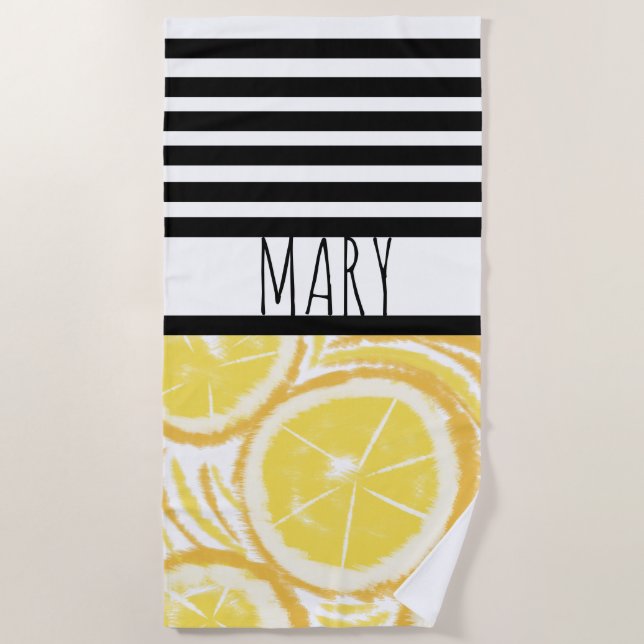 Summer Black Stripes Lemon Abstrakt Strandtuch (Vorderseite)