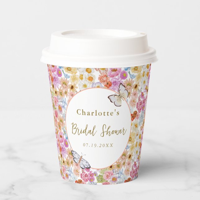 Summer Bloom Floral Butterfly Brautparty Custom Pappbecher (Vorderseite)
