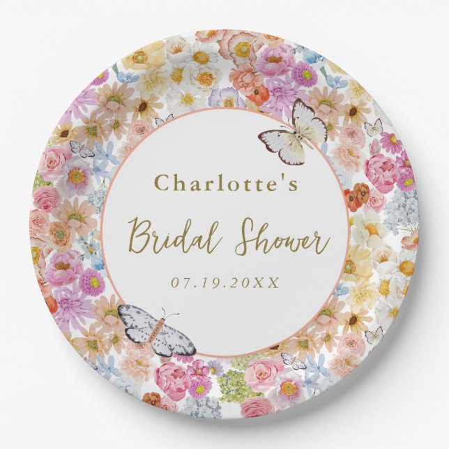 Summer Bloom Floral Butterfly Brautparty Custom Pappteller (Vorderseite)