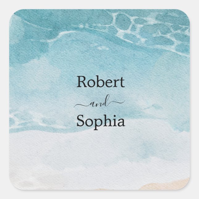 Summer Blue Beach Hochzeit Quadratischer Aufkleber (Vorderseite)