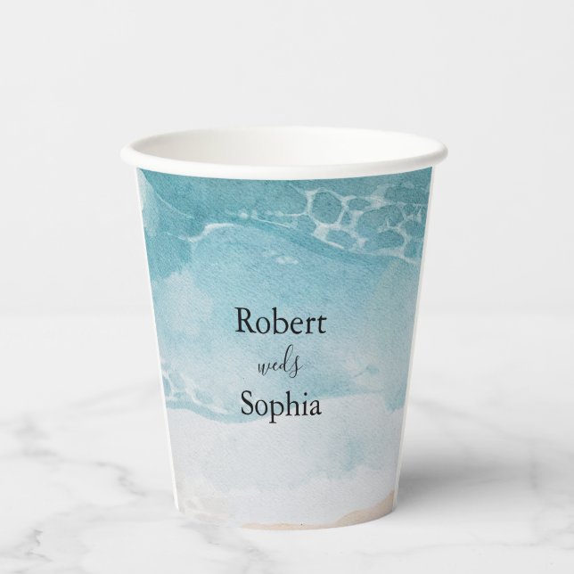 Summer Blue Beach Hochzeitungspapier Pappbecher (Vorderseite)