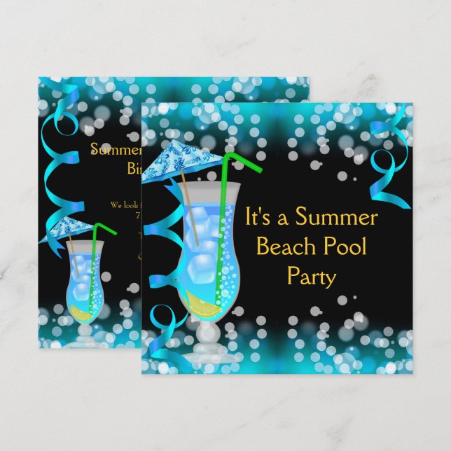 Summer Blue Cocktail Beach Pool Party Einladung (Vorne/Hinten)