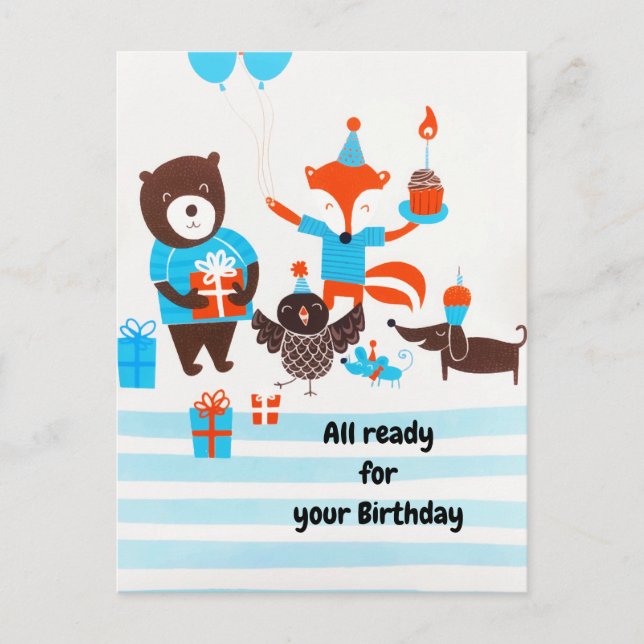 Summer Blue Forest Woodland Tiere Wasserfarbe Postkarte (Vorderseite)