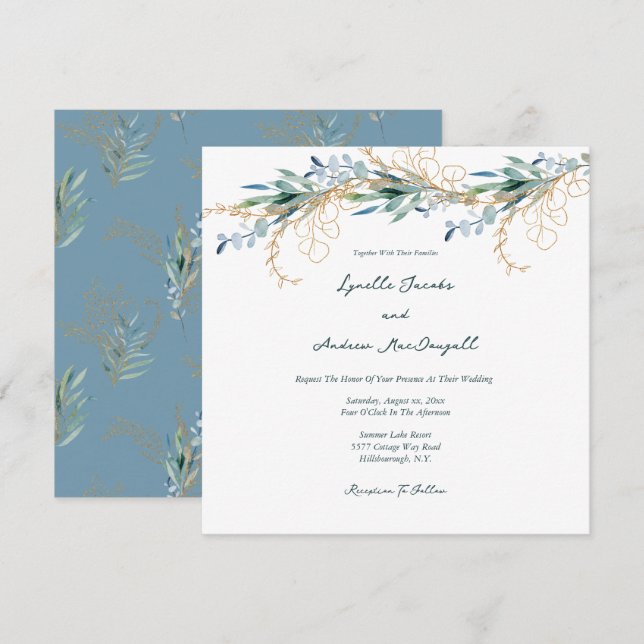 Summer Blue Green Watercolor Blumenhochzeit Einladung (Vorne/Hinten)