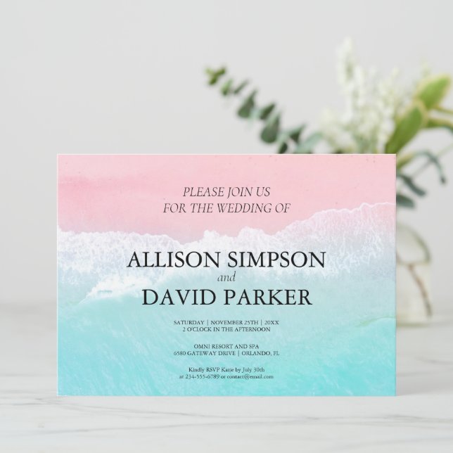 Summer Blue, Pink Ocean Beach Hochzeit Einladung (Stehend Vorderseite)