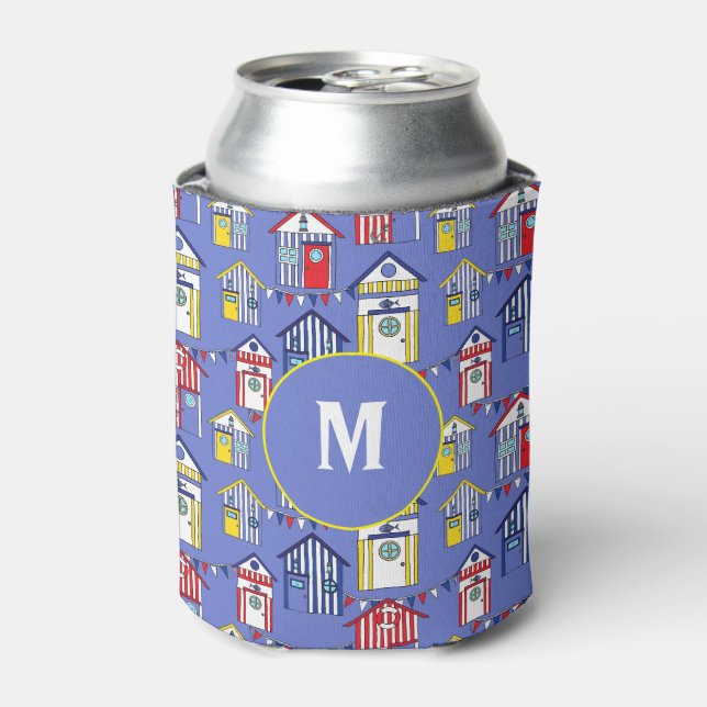 Summer Blue Seaside Beach Huts Print Monogram Dosenkühler (Kanne Vorderseite)